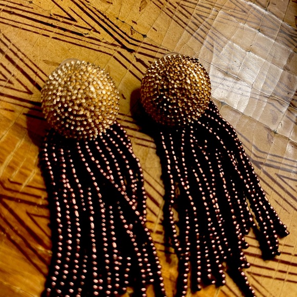 Pierced earrings posts with gold toned braided button long strands of beads - Picture 7 of 9